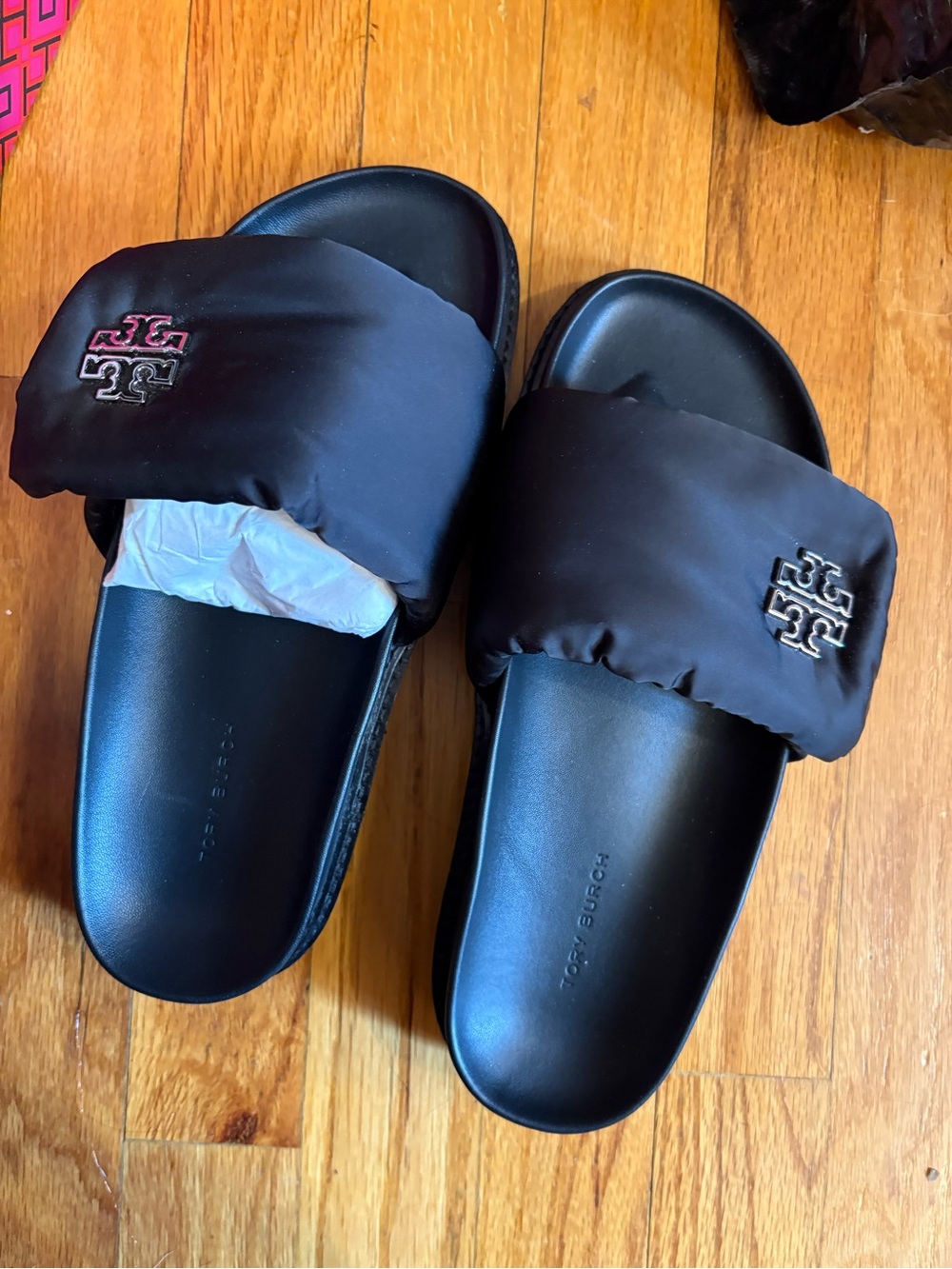 Tory Burch womens Black Puffer Slide Sandals with Logo